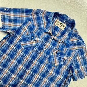 Urban Pipeline Mens Plaid Button Up Shirt Short‎ Sleeve XXL Blue Pearl Snap Y2K